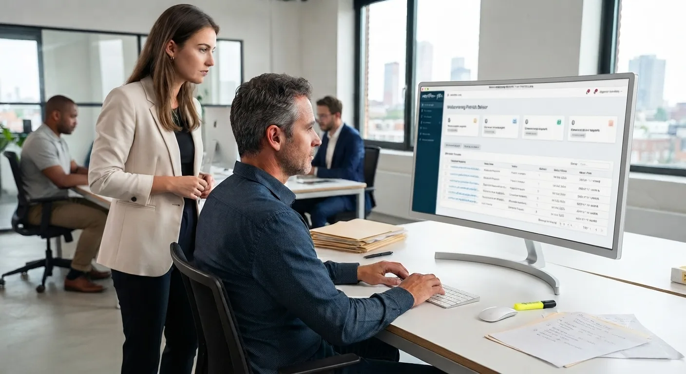 Accountants bespreken de voortgang van dossiers in een modern kantoor
